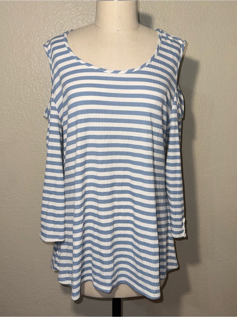Hannah XL Coastal Stripe Cold Shoulder Crochet Boho Top Blue White